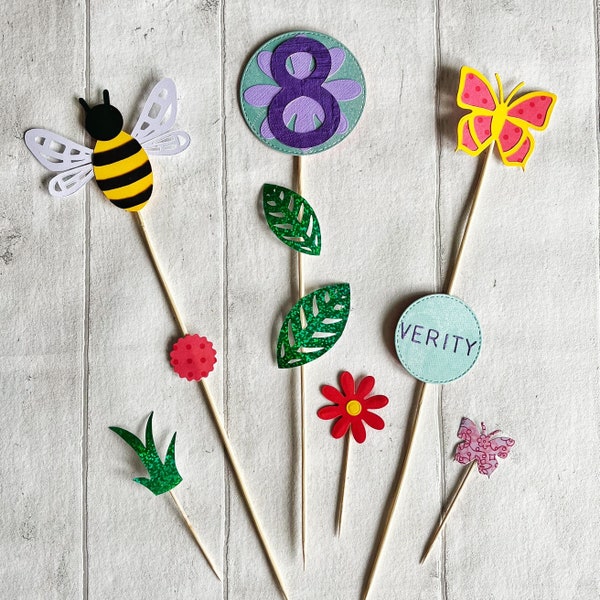 Gartenparty-Kuchendeckel, personalisierter Schmetterling, Biene und Blumen-Tortenstecker, Fee-Gartenpartydekoration, hübsches Geburtstagsdekor