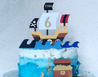 Pirate Cake Topper, Personalised Cake Topper, Pirate Ship and Treasure Chest Party Decorations, Pirate Birthday Theme