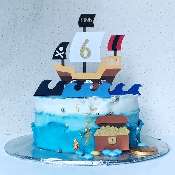 Pirate Cake Topper, Personalised Cake Topper, Pirate Ship and Treasure Chest Party Decorations, Pirate Birthday Theme