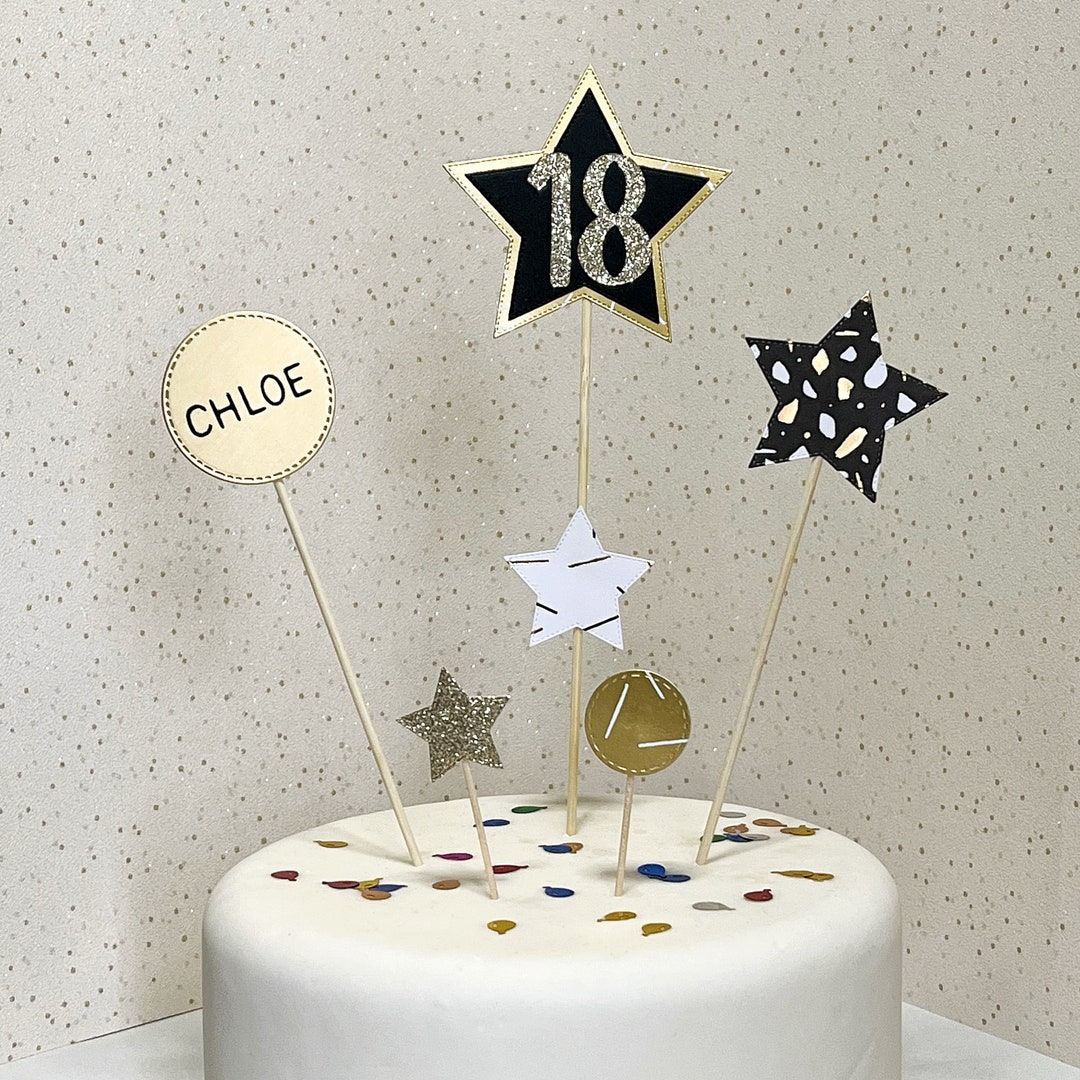 18th Birthday Cake Topper, Personalised Gold & Black Star Cake Topper ...
