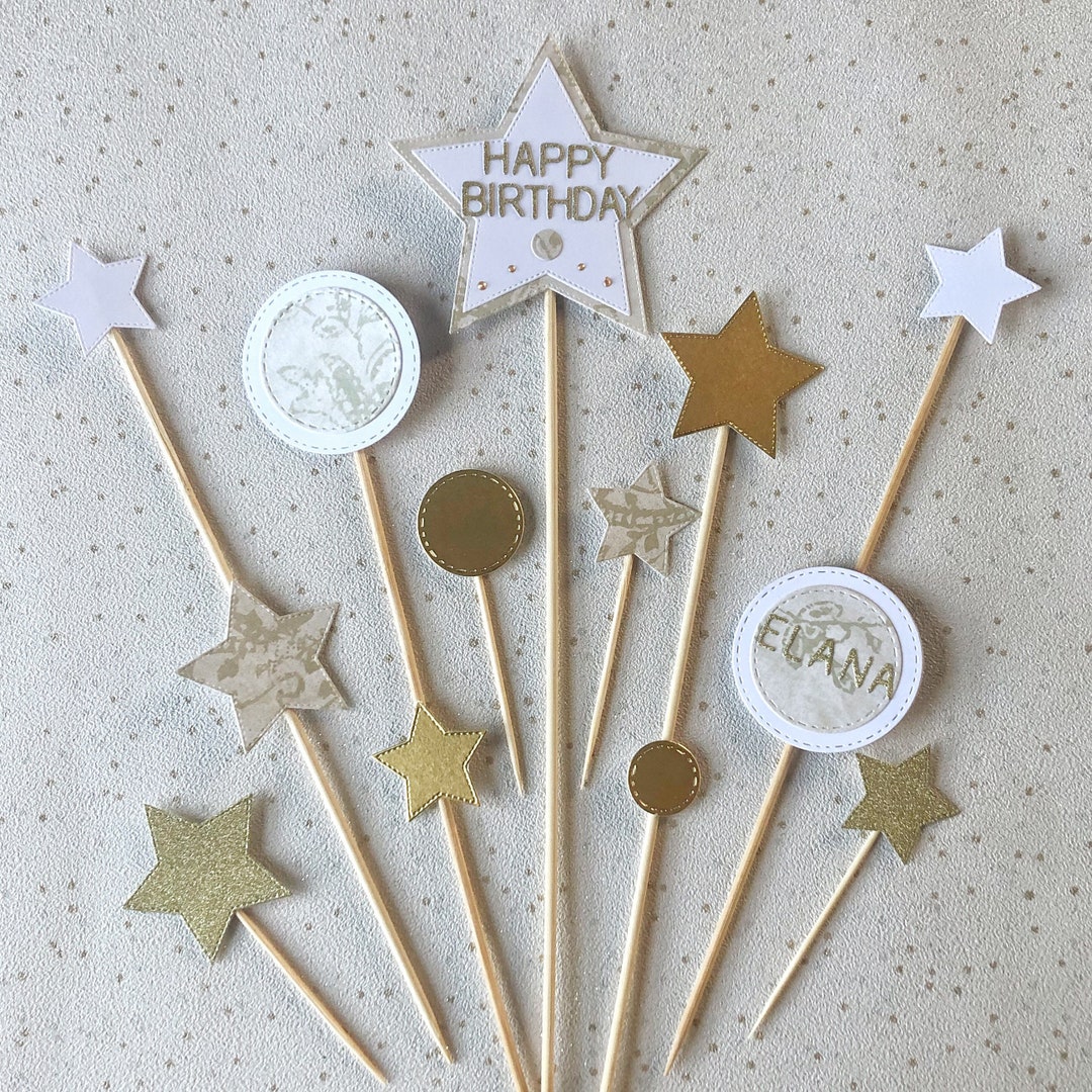 Personalised Gold Cake Topper, Gold and White Happy Birthday Cake Decor