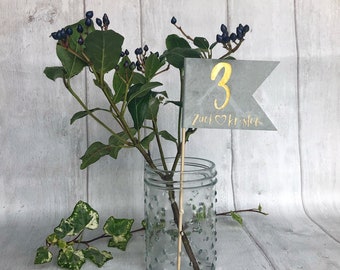 Personalized Wedding Table Numbers, Green and Gold Garden Decor