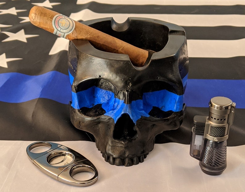 Thin Blue Line Skull Cigar Ashtray Etsy