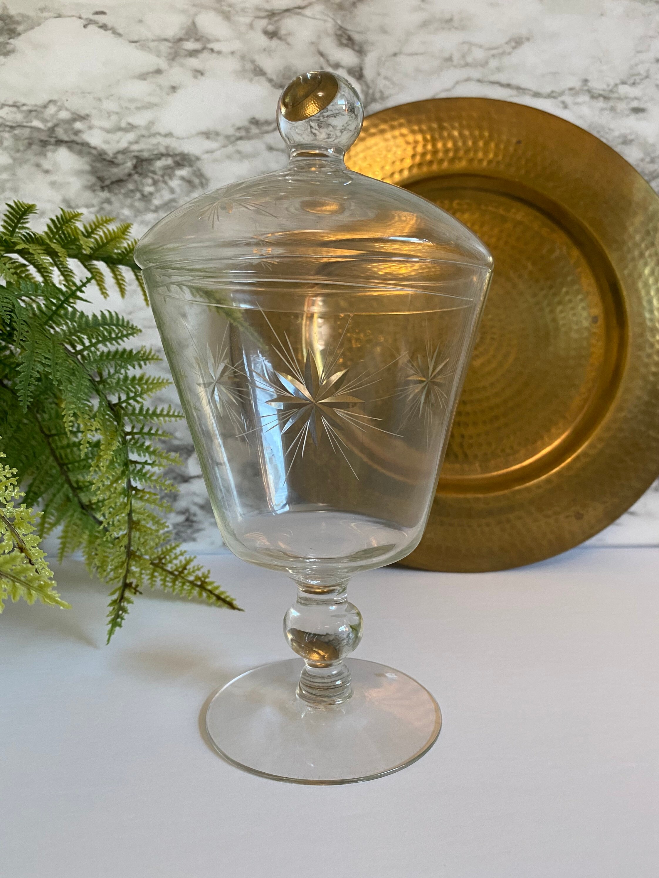 Vintage Mid Century Etched Glass Pedestal Candy Jar/ Mid Etsy