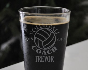 Custom Etched Volleyball, Volleyball Etched Pint Glass,Personalized Beer Glass, Coach Glass, Volleyball Coach Gift, Coach Personalized Gift