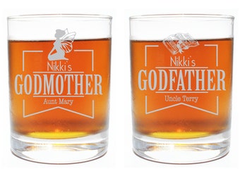 Set of 2 Godparent Engrave Glasses, SHIPS FAST, Etched Rocks Glasses, BourbonGlass,Gift for Godparents, GodFather Glass,