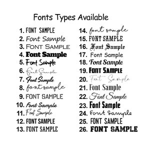 Puede incluir: Una lista de 26 estilos de fuente diferentes con texto de muestra para cada estilo. El texto dice "FONT SAMPLE" en varias fuentes.