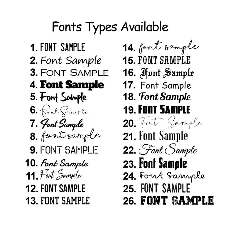 Puede incluir: Una lista de 26 estilos de fuente diferentes con texto de muestra para cada estilo. El texto dice "FONT SAMPLE" en varias fuentes.