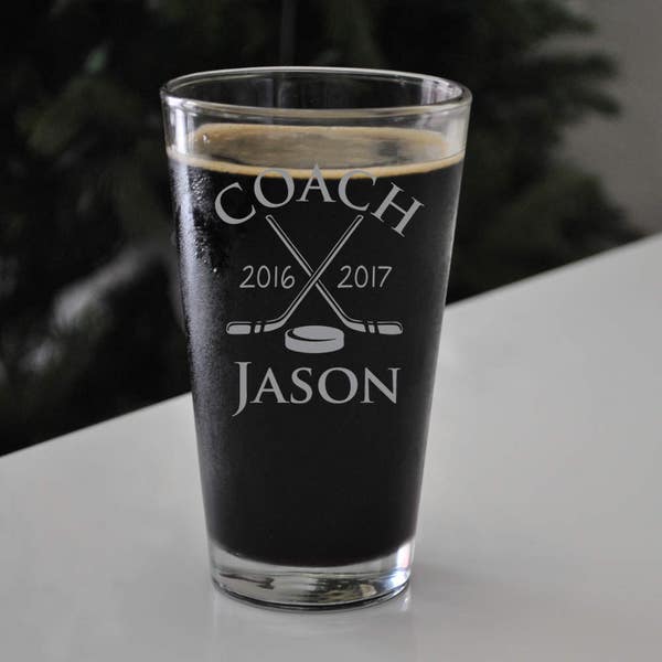 Custom Engraved Hockey Beer Pint, SHIPS FAST, Hockey Etched Pint Glass, Beer Glass, Coach Glasses,