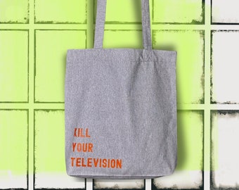 hellgrauer Shopper aus fester Bio-Baumwolle, mit neon-orangenem Print, kill your television