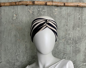 Bandeau hair band with loop, made of slinky jersey, black and cream stripes, summery knot headband