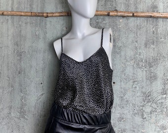 Strappy top made of silk with a slight V-neckline, camisole with narrow straps, black and white, mulberry silk