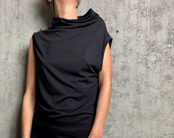 schwarzes, ärmelloses Shirt aus Tencel-Jersey, lässiges Top mit tiefen Armausschnitten und kleinem Rollkragen
