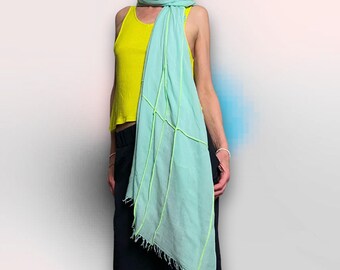 Bamboo scarf, summer scarf with neon yellow decorative stitching, turquoise, wrap top