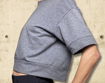 gray, short-sleeved oversize sweatshirt organic cotton, short, loose sweater, gray melange