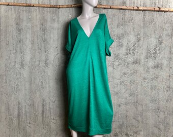 langes, grünes Kaftankleid aus Leinenjersey, Leinen Sommerkleid, Strandkleid mit tiefem V-Ausschnitt, beidseitig tragbar