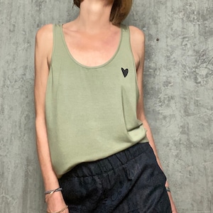 loose tencel tank top in sage with black heart tank top made image 8