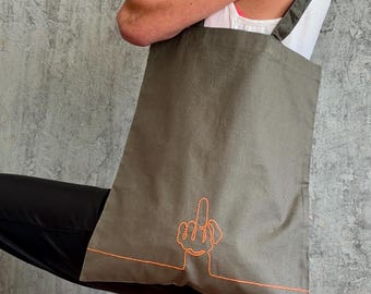 Statement Tote Bag, sustainable cotton shopping bag, embroidered, neon orange, khaki, gift idea for your besties