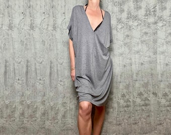 Grey Midi Jersey Dress With Deep V-neck, Made of Viscose Jersey, Beach Dress, Casual Oversized Dress - Etsy Israel Grey Midi Jersey Dress With Deep V-neck, Made of Viscose Jersey, Beach Dress, Casual Oversized Dress - Etsy Israel