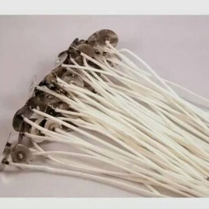 May include: A close-up of a pile of white candle wicks with metal bases. The wicks are arranged in a fan shape, with the metal bases visible at the bottom.
