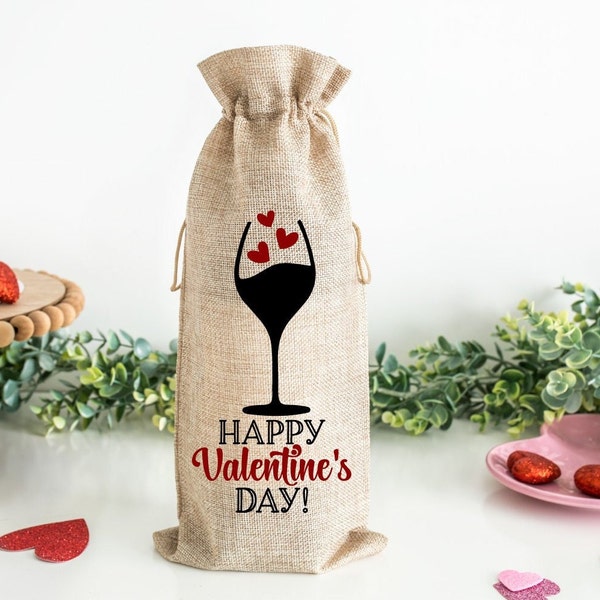 Happy Valentines Day Jute Wine Bag , Valentine Wine Bag, Wine Gift Bag, Valentine Wine Gift, Gift Bag for Wine, Valentines Wine Gift, Cinch