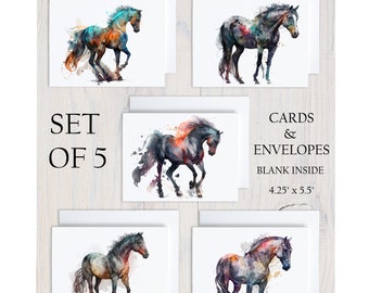 May include: Set of five blank greeting cards featuring watercolor paintings of horses in various shades of blue, gray, and brown. The cards are 4.25 inches by 5.5 inches and come with envelopes.