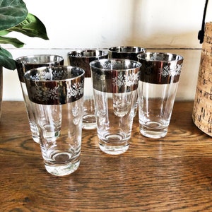Vintage Dorothy Thorpe Silver Rimmed Tumblers Glasses with Embossed Flower Motif Set Of 6