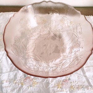 Vintage Pink Glass Serving Bowl Arcoroc France Rosa Pink Frosted Rose Pattern