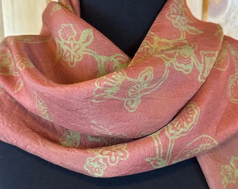 New! Lovely! Coral and Green-Gold Indonesian Flower Print Hand-painted Batik Silk Scarf