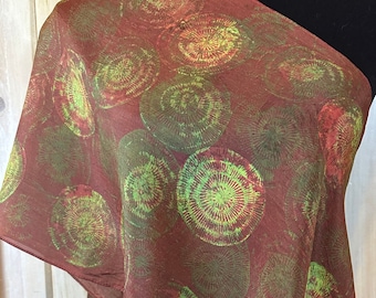 New! Gorgeous! Coral and Lime Green Circles- Hand Painted Batik Silk Scarf
