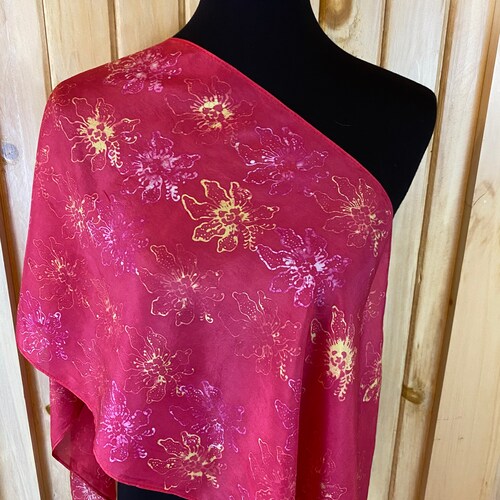 One of a kind, hand painted Batik Silk Scarf, Hot Pink with Yellow buy and White Flower Design