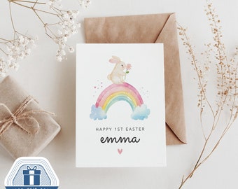 Personalized 1st Easter Card, Girls Bunny Rabbit Design, Easter Card for Granddaughter, daughter, Goddaughter, Niece  Son Godson Nephew