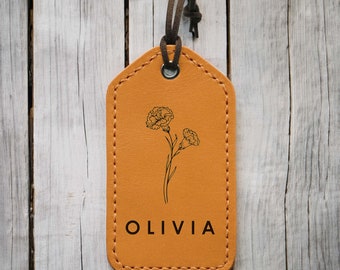 Birth month Flower Leather Luggage tag, Birthday gift, Personalized luggage tag, Travel gift, Anniversary gifts, Wedding gift, Gift for Mom