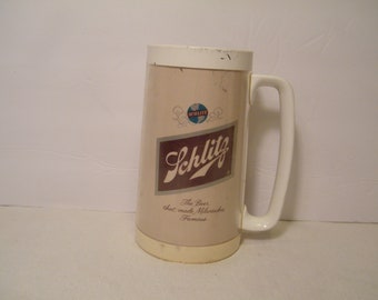 Vintage Schlitz Thermal Mug for Bar Decor, 12 ounce tall plastic stein in used condition, wear, see photos
