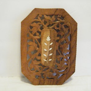 Hand Made Wooden Trivet Filligree Carved wood, Vintage Made in India Table top protectors from hot pans, white flower center