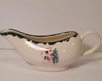 Let It Snow Gravy Boat from ATCO holds 2 cups,  Vintage 1998 stoneware with green trim, table decor
