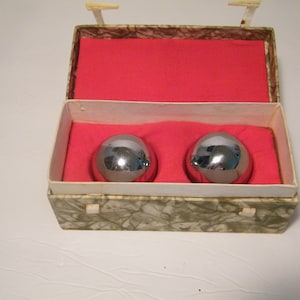 Chinese Iron Baoding Balls in Original Paperboard box, Vintage Silver tone meditation or relaxation musical balls,