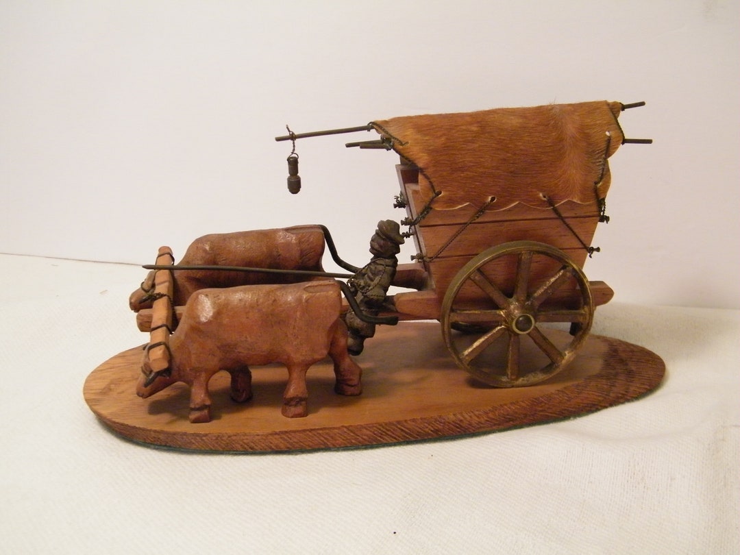 Hand Carved Sculpture Oxen and Cart, Vintage Hard Wood Oxen, Wood Cart ...