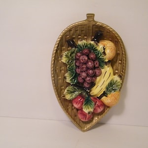 Ceramic Fruit Display on Leaf Wall Decor from Japan, Vintage Mid Century Ceramic Kitchen decorative, has string for easy hanging
