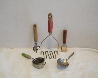 5 Vintage Kitchen Utensils Wooden Handles, Well worn mid century cooking tools, masher, strainer, opener, roller, spoon or shoe tree,
