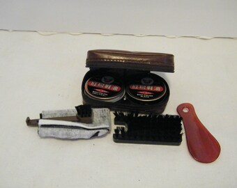 Vintage Boot Polish Kit with Neutral and Black partial used, has brushes and cloth, military boot care,