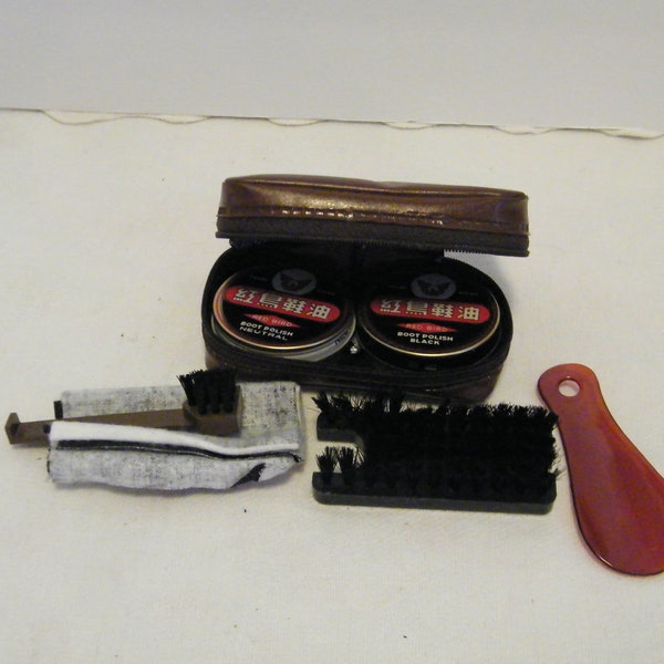 Vintage Boot Polish Kit with Neutral and Black partial used, has brushes and cloth, military boot care,