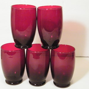 5 Ruby Red Water Glasses, Vintage set of 10 ounce footed drinkware for your Holiday or special occasion table setting