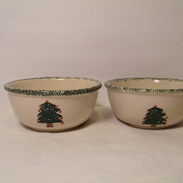 2 HS China Stoneware Bowls Tree design and Green sponged rim, Vintage heavy soup or dessert bowls 10 ounce volume