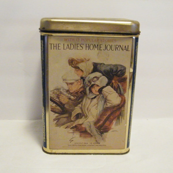 Ladies Home Journal Tin Canister Featuring August 1914 Cover, Vintage Biscuit or Cracker Box theme power of women, light patina