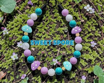 Sweet Spore, spring, beaded dog collar, mushrooms , slip on, colorful, waterproof