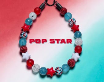 Patriotic Beaded Dog Collar: Red White Blue, Pop Star  Waterproof Slip-On