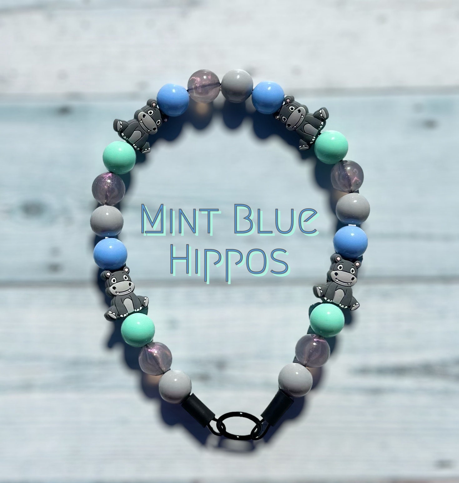 Mint Blue Hippos, dog bead collar,  lightweight, waterproof, durable, slip on, cute  , colorful, beaded dog collar