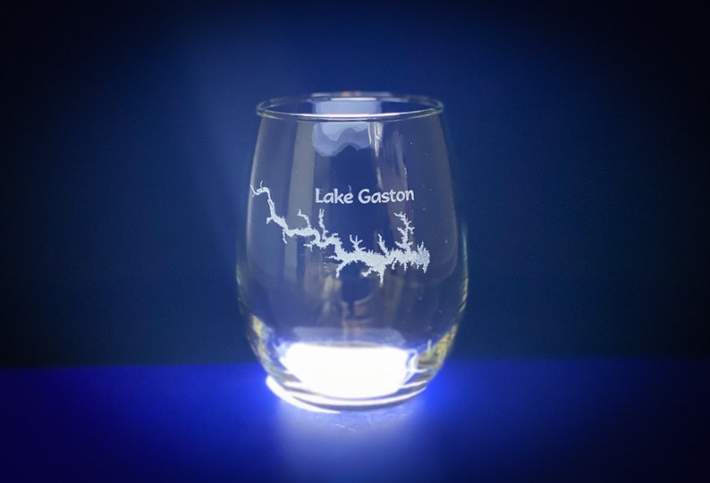 Make My Lake 15 oz Stemless Wine glass Laser Engraved Mock ups sent withing 48 Hours Any Lake or Pond in the lower 48 States image 10