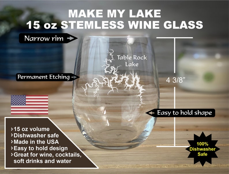 Make My Lake 15 oz Stemless Wine glass Laser Engraved Mock ups sent withing 48 Hours Any Lake or Pond in the lower 48 States image 1